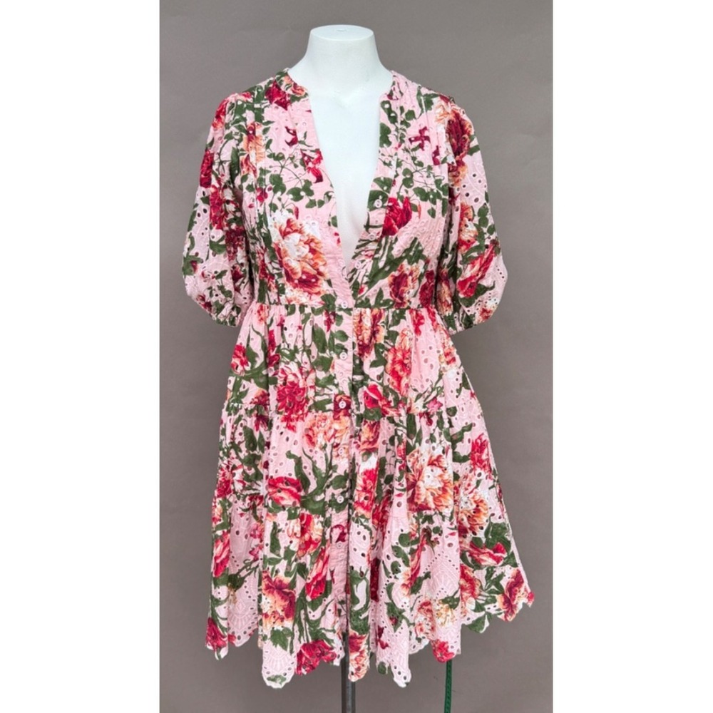 Gibson Latimer Womens Small Floral Eyelet Button Up Tiered Dress Short Puff‎ Slv